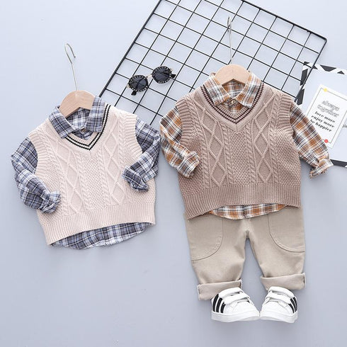 Boy's Plaid Shirt Knit Vest Set of Three